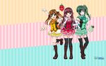  boots brown_hair dumpling food food_themed_clothes food_themed_hair_ornament fruit green_eyes green_hair hair_ornament haruzaki_nonoka highres itsuki_sayaka jiaozi kanpyou long_hair marronni_yell multiple_girls official_art pleated_skirt ponytail red_eyes skirt strawberry thighhighs tsutsumi_manami twintails urita_ruri wallpaper yellow_eyes 