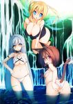  animal_ears ass bikini blonde_hair blue_eyes breasts brown_hair cat_ears cat_tail denpaken_pochi earrings hand_on_hip highres jewelry large_breasts long_hair looking_back mouth_hold multiple_girls navel open_mouth original pointy_ears red_eyes scrunchie short_hair silver_hair smile swimsuit tail twintails water waterfall yellow_eyes 