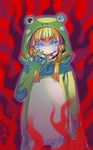  alternate_costume animal_costume blonde_hair blood blue_eyes bow costume frog_costume hair_bow hair_ornament hood long_hair long_tongue looking_at_viewer moriya_suwako no_hat no_headwear one_eye_closed simple_background solo tongue tongue_out touhou zounose 