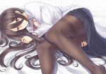  anetai_toyone ass ass_grab black_hair black_legwear commentary dress_shirt grabbing_own_ass legs long_hair looking_at_viewer lying miyamori_school_uniform on_side pantyhose pleated_skirt red_eyes saki school_uniform shirt skirt smile solo thighband_pantyhose thighs white_shirt yamaori_(yamaorimon) 