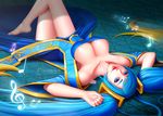  artist_name barefoot bass_clef beamed_eighth_notes beamed_sixteenth_notes blue_eyes blue_hair breasts cleavage crossed_legs eighth_note huge_breasts league_of_legends looking_at_viewer lying musical_note on_back quarter_note shiny shiny_skin sixteenth_note smile solo sona_buvelle taut_clothes treble_clef 