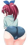  aino_megumi ass bow cutoffs denim denim_shorts hair_bow happinesscharge_precure! konno_tohiro leaning_forward long_hair looking_at_viewer looking_back ponytail precure red_eyes red_hair short_shorts shorts simple_background solo thigh_gap thighs trefoil white_background 