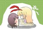  &gt;_&lt; amae_koromo blonde_hair brown_hair chibi closed_eyes highres long_hair miyanaga_saki multiple_girls o_o plug_(feng-yushu) saki short_hair sleeping straddling 