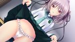  1girl blush breasts cameltoe game_cg hapymaher hapymaher:_fragmentation_dream highres koku legs naitou_maia naughty_face navel panties pink_eyes purple_hair seifuku short_hair skirt skirt_lift small_breasts solo standing thighs tsukimori_hiro underwear white_panties 