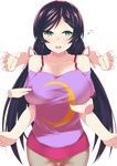  bare_shoulders breast_hold breast_poke breasts crescent disembodied_limb green_eyes highres large_breasts long_hair looking_away love_live! love_live!_school_idol_project off_shoulder open_mouth poking ponkotsu_(ayarosu) purple_hair shirt solo t-shirt toujou_nozomi transparent_background twintails 