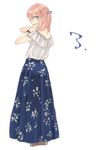  blue_eyes bracelet crossdressing from_behind inazuma_eleven_(series) inazuma_eleven_go jewelry kirino_ranmaru long_hair long_skirt looking_back male_focus open_mouth otoko_no_ko pink_hair shino_(syllable) simple_background skirt solo standing white_background 