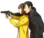  1girl aiming black_hair brown_hair formal gun handgun i_(kaiyou) komikado_kensuke legal_high long_coat long_hair mayuzumi_machiko necktie parted_lips pistol short_hair suit weapon weaver_stance 