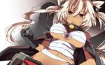  bad_id bad_pixiv_id blonde_hair breasts dark_skin fingerless_gloves from_below glasses gloves groin headgear kantai_collection large_breasts long_hair machinery midriff musashi_(kantai_collection) navel pointy_hair red_eyes sakura_(lilak_a) sarashi solo underboob 