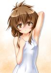  alternate_costume arm_up armpits blush brown_eyes brown_hair folded_ponytail inazuma_(kantai_collection) kantai_collection looking_at_viewer one-piece_swimsuit roura school_swimsuit school_uniform smile solo swimsuit 