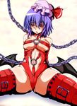  alternate_breast_size arms_behind_back bat_wings bdsm blush bondage bondage_gear bondage_outfit bound breasts chain collar entangled eyebrows hat large_breasts lavender_hair looking_at_viewer low_wings navel navel_cutout nose_blush off_shoulder red_eyes remilia_scarlet revealing_clothes short_hair sitting skindentation solo spread_legs suppress sweatdrop teikoku_gensui thighhighs touhou wings 