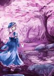  blue_dress bug butterfly cherry_blossoms dress hat insect kz_nagomiya long_sleeves looking_at_viewer looking_back petals pink_eyes pink_hair pond rock saigyouji_yuyuko sash slippers solo touhou tree triangular_headpiece veil wall wide_sleeves 