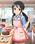 ;q apron black_hair book brown_eyes cake chocolate chocolate_cake chocolate_making cookbook cooking dish food idolmaster idolmaster_cinderella_girls index_finger_raised indoors jpeg_artifacts kitchen light_smile long_hair looking_at_viewer low_twintails mixing_bowl nakano_yuka official_art one_eye_closed open_book oven refrigerator shirt sleeves_rolled_up solo tongue tongue_out twintails valentine whisk window 