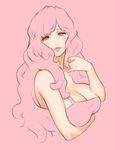  adjusting_hair bad_id bad_pixiv_id bare_shoulders blush breast_hold breasts cleavage large_breasts lips long_hair looking_at_viewer original parted_lips pink pink_background pink_eyes pink_hair sano_toshihide solo upper_body 