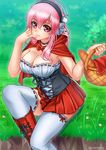  basket boots breasts cleavage cosplay hand_on_own_face headphones highres large_breasts little_red_riding_hood little_red_riding_hood_(grimm) little_red_riding_hood_(grimm)_(cosplay) long_hair looking_at_viewer nitroplus open_mouth pink_hair racoon-kun red_eyes ribbon smile solo super_sonico thighhighs zettai_ryouiki 
