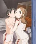  2girls basketball black_hair blush breasts brown_eyes brown_hair hasegawa_fumi long_hair multiple_girls okano_kei open_mouth short_hair topless yuri yuyushiki 