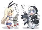  :3 backpack bag black_eyes blonde_hair chibi elbow_gloves fang gloves hair_ribbon hase_yu hood hooded_jacket innertube jacket kantai_collection machinery microskirt monster multiple_girls navel open_mouth pale_skin panties purple_eyes re-class_battleship rensouhou-chan ribbon scarf shimakaze_(kantai_collection) shinkaisei-kan silver_hair skirt striped striped_legwear thighhighs translated turret underwear 