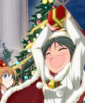  arms_up bell black_hair blue_eyes charlotte_e_yeager christmas_ornaments christmas_tree closed_eyes francesca_lucchini gift hat multiple_girls open_mouth orange_hair party_hat santa_hat sayu_(mio-mosa) smile strike_witches twintails world_witches_series 