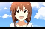  absurdres anime_coloring bob_cut brown_hair close-up cloud day hagiwara_yukiho highres idolmaster idolmaster_(classic) letterboxed looking_at_viewer open_mouth short_hair sky solo tomon_(slash0410) yellow_eyes 