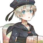  blue_eyes blush clothes_writing hat itomugi-kun kantai_collection long_sleeves military_hat open_mouth school_uniform short_hair silver_hair solo white_background z1_leberecht_maass_(kantai_collection) 