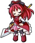  black_bow bow chibi detached_sleeves dress eating food full_body hair_bow lance long_hair magical_girl mahou_shoujo_madoka_magica mouth_hold pocky polearm red_dress red_eyes red_hair sakura_kyouko shinjitsu spear thighhighs transparent_background very_long_hair weapon 