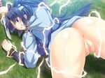  1girl angry anus armor ass blue_hair blush broken censored clenched_teeth defeated electricity electrocution from_behind game_cg grass highres japanese_clothes kasou_shinshoku:_virtual_hack_online knife legs long_hair lying midorigi_mura no_panties on_stomach ponytail purple_eyes pussy sword teeth thighs warrior weapon 