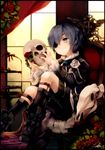  ashisu_(shisono) blue_eyes blue_hair ciel_phantomhive eyepatch flower full_body gloves kuroshitsuji male_focus skull solo 