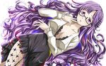  bad_id bad_pixiv_id breasts cleavage dress fantasista_doll glasses hand_on_own_face highres large_breasts long_hair looking_at_viewer madeleine_(fantasista_doll) multicolored_hair open_mouth pantyhose purple_eyes purple_hair rika_(kakera) solo very_long_hair white_background 