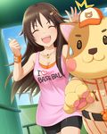  :d ^_^ artist_request bike_shorts brown_hair closed_eyes clothes_writing english hair_ornament hairclip himekawa_yuki idolmaster idolmaster_cinderella_girls jewelry long_hair necklace official_art open_mouth smile sweatband 