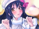  bad_id bad_nicoseiga_id blue_hair blush brown_eyes face fur_trim hair_ribbon hat jacket koie_yotsumu looking_at_viewer love_live! love_live!_school_idol_project open_mouth ribbon snow_halation solo sonoda_umi 