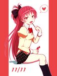  blush bow fang food hair_bow heart itou_(itsuko) long_hair looking_at_viewer mahou_shoujo_madoka_magica open_mouth plaid plaid_skirt pocky pocky_day ponytail red_eyes red_hair sakura_kyouko school_uniform sitting skirt socks solo 