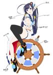  antenna_hair black_legwear blue_eyes bow choker epaulettes flower foreshortening hair_flower hair_ornament heart heart-shaped_pupils high_heels highres kanagawa lifebuoy lily_(flower) locadol_promotion looking_at_viewer midriff original outstretched_arm purple_eyes sailor_collar ship's_wheel shoe_bow shoes single_thighhigh solo symbol-shaped_pupils thighhighs translation_request yurikuta_tsukumi 