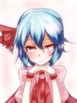 ascot blue_hair blush bow brooch hair_bow interlocked_fingers jewelry looking_at_viewer no_hat no_headwear pointy_ears red_eyes remilia_scarlet simple_background smile solo takorice touhou wrist_cuffs 