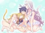  animal_ears barefoot bikini bikini_skirt blonde_hair blue_eyes breasts cat_ears closed_eyes ganaha_hibiki hair_ribbon holding holding_hair hoshii_miki idolmaster idolmaster_(classic) jewelry kemonomimi_mode long_hair medium_breasts multiple_girls necklace project_fairy ribbon shijou_takane swimsuit tokage_(seiga5989326) 