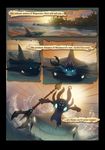  chomper city city_lights comic english fizz_(league_of_legends) glowing glowing_eyes highres league_of_legends monster_boy official_art panorama polearm shark ship trident watercraft weapon 
