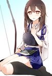  archery bad_id bad_pixiv_id black_legwear blush bow_(weapon) brown_eyes brown_hair highres japanese_clothes kaga_(kantai_collection) kantai_collection kyuudou long_hair muneate oouso open_mouth side_ponytail sitting skirt socks solo sweat wariza weapon 