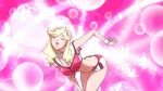  1girl animated animated_gif ass ass_cutout ass_shake blonde_hair boobies_uniform breasts butt_crack female from_behind hairband heart_cutout honey_(space_dandy) large_breasts legs long_hair red_eyes short_shorts shorts simple_background sitting solo space_dandy thighs wink 
