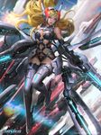 arm_cannon bad_id bad_tumblr_id blonde_hair blue_eyes boots breasts chaos_drive dual_wielding ear_protection fin_funnels holding kilart leotard long_hair mechanical_wings medium_breasts official_art railgun ria_(chaos_drive) robot_ears science_fiction solo thigh_boots thighhighs weapon wings 