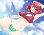  bandaged_arm bandages blush breasts cleavage cloud day double_bun ibaraki_kasen large_breasts marl35 midriff navel open_mouth panties red_hair sky solo standing touhou underboob underwear wading water 