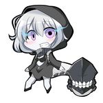  blush chibi commentary_request glowing glowing_eyes grin hood kantai_collection looking_at_viewer pale_skin purple_eyes re-class_battleship scarf shinkaisei-kan silver_hair simple_background smile solo tail twumi white_background 