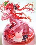  ass back blueberry breasts chikokuma drink finger_to_mouth food from_behind fruit glass goo_girl hair_ornament highres ice ice_cube leaning_forward liquid_hair long_hair looking_at_viewer looking_back medium_breasts monster_girl nude original red_eyes red_hair solo strawberry thighhighs two_side_up 