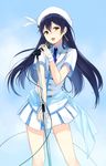  black_hair earrings fingerless_gloves gloves hat jewelry long_hair love_live! love_live!_school_idol_project microphone microphone_stand open_mouth sasamori_tomoe skirt solo sonoda_umi wonderful_rush yellow_eyes 