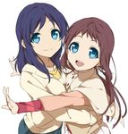  blue_eyes blue_hair brown_hair capelet hiradaira_chisaki hug long_hair mukaido_manaka multiple_girls nagi_no_asukara open_mouth sekina sweater 