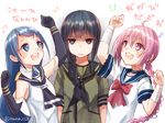  arm_up bad_id bad_pixiv_id black_eyes black_gloves black_hair blue_eyes blue_hair blush braid dress elbow_gloves gloves kantai_collection kitakami_(kantai_collection) long_hair multiple_girls nenohi_(kantai_collection) nunucco open_mouth pink_eyes pink_hair sailor_dress samidare_(kantai_collection) school_uniform serafuku shaded_face sleeveless translated twitter_username 