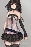  bad_id bad_pixiv_id bare_shoulders belt black_hair black_legwear choker collarbone detached_sleeves highres paradise pixiv_fantasia pixiv_fantasia_fallen_kings pleated_skirt purple_eyes simple_background single_detached_sleeve skirt solo swd3e2 thighhighs zettai_ryouiki 