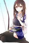  alternate_hairstyle archery bad_id bad_pixiv_id black_legwear blush bow_(weapon) brown_eyes brown_hair feet highres japanese_clothes kaga_(kantai_collection) kantai_collection kyuudou long_hair muneate oouso open_mouth side_ponytail sitting skirt solo sweat thighhighs wariza weapon 