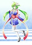 7nanappe beamed_eighth_notes blush detached_sleeves eighth_note flower green_eyes green_hair hair_flower hair_ornament japanese_clothes kimono leg_up locadol_promotion long_hair musical_note musical_note_print original piano_keys quarter_note smile solo staff_(music) standing standing_on_one_leg thighhighs twintails very_long_hair white_legwear 