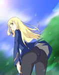  ass bad_id bad_pixiv_id black_legwear blonde_hair crotch_seam from_below glasses long_hair military military_uniform panties panties_under_pantyhose pantyhose perrine_h_clostermann sayu_(mio-mosa) smile solo strike_witches underwear uniform upskirt world_witches_series yellow_eyes 