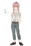  blue_eyes hairband hands_in_pockets inazuma_eleven_(series) inazuma_eleven_go jewelry kirino_ranmaru long_hair male_focus necklace pink_hair shino_(syllable) simple_background solo standing twintails white_background 