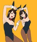  animal_ears armpits bad_id bad_pixiv_id bare_shoulders bow bowtie breasts brown_eyes brown_hair bunny_ears bunnysuit cleavage detached_collar dragon_ball dragon_ball_z fake_animal_ears flat_color fusion_dance highres long_hair medium_breasts multiple_girls original pantyhose parody pose suwami sweatdrop wrist_cuffs yellow_background 