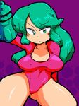  1girl :/ alternate_eye_color alternate_hair_color arm_behind_back arm_cannon arm_up bangs blush breasts commentary cowboy_shot curvy erect_nipples green_eyes green_hair justin_bailey kurohaneco large_breasts legs_apart leotard long_hair metroid metroid_(classic) parted_bangs purple_background samus_aran solo thick_thighs thighs varia_suit weapon 